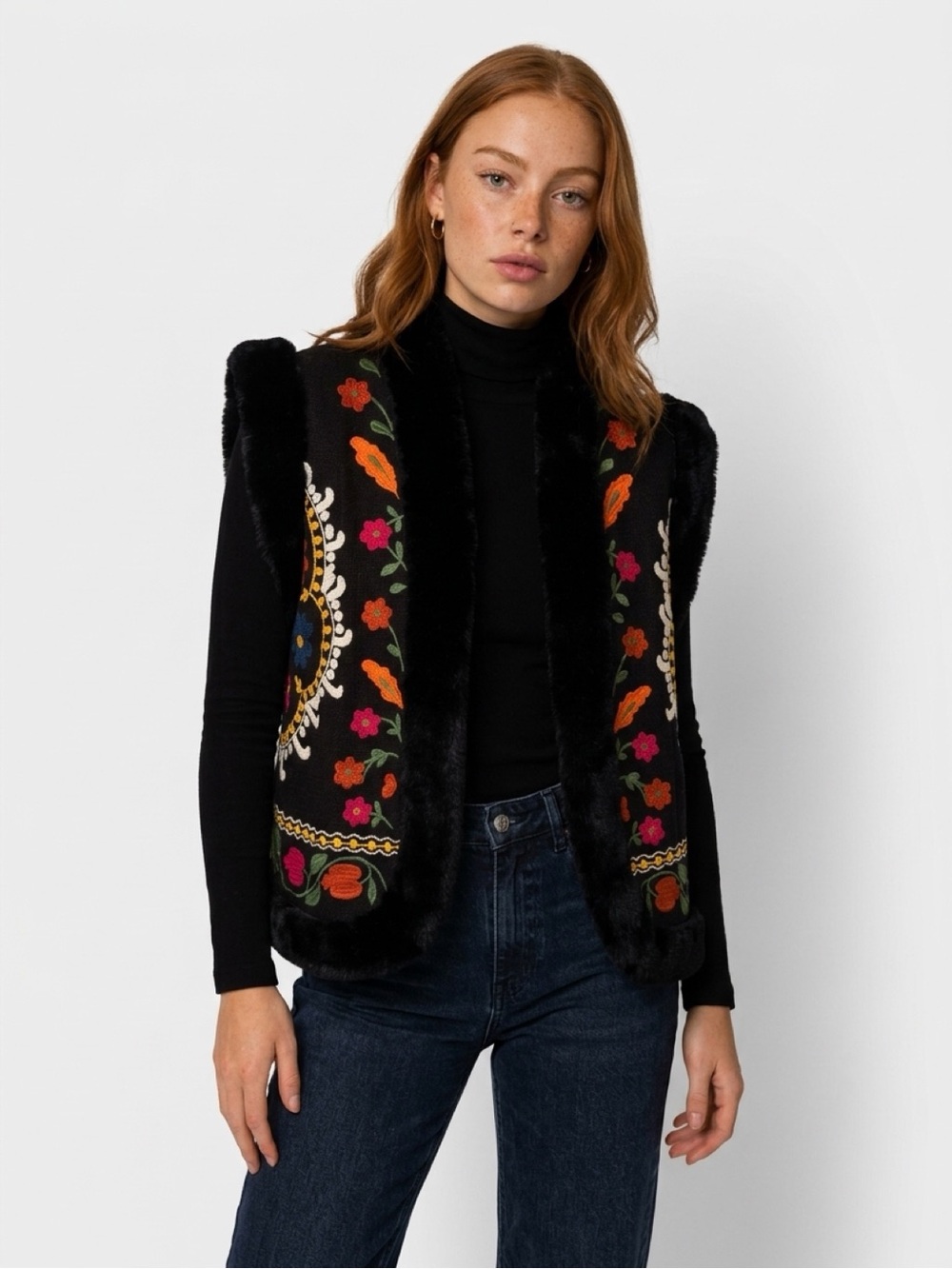 Zara Black Embroidered Faux-Fur Trim Vest with Multicolor Floral Motifs